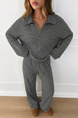 Contrast Stripe Collared Lounge Pants Set