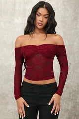 Off Shoulder Ruched Lace Long Sleeved T-shirts