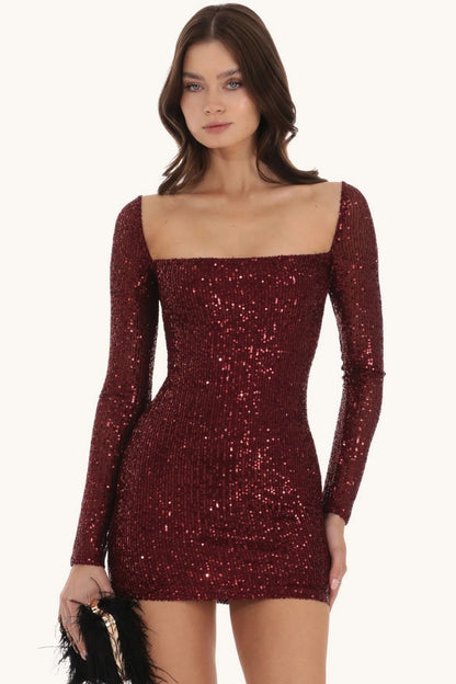 Elegant Long Sleeve Solid Slim Sequin Dress