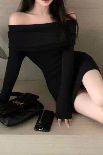 Bardot Long Sleeve Knit Waist Fitted Bodycon Sweater Dress