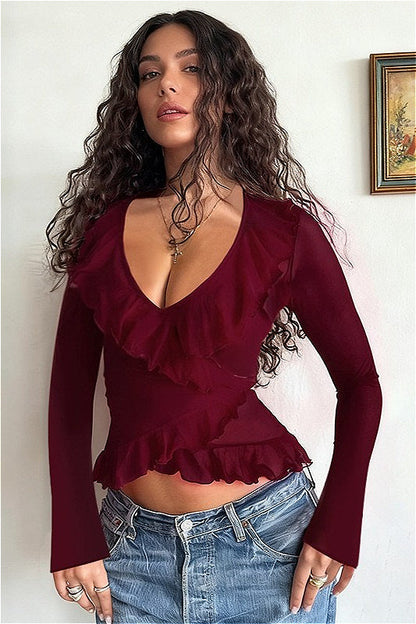 Ruffled Tie Front V Neck Cinched Asymmetric Long Sleeve Tee