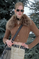 Brown Plush Collar Cropped Button Cardigan Sweater