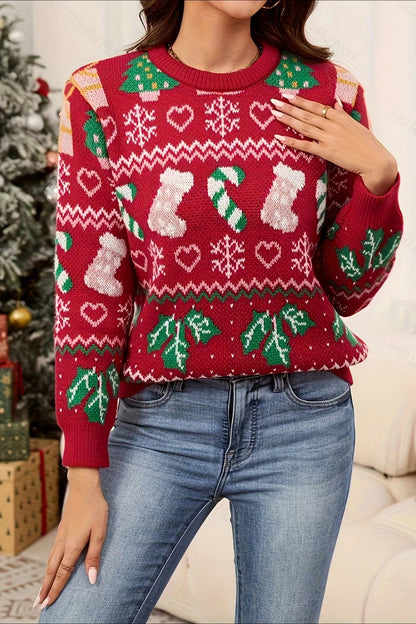 Christmas Stocking Snowflake Loose Color Block Crew Neck Sweater