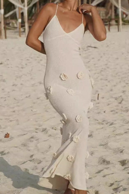 Vintage Red Maxi Crochet V Neck Fitted Camisole Sweater Dress