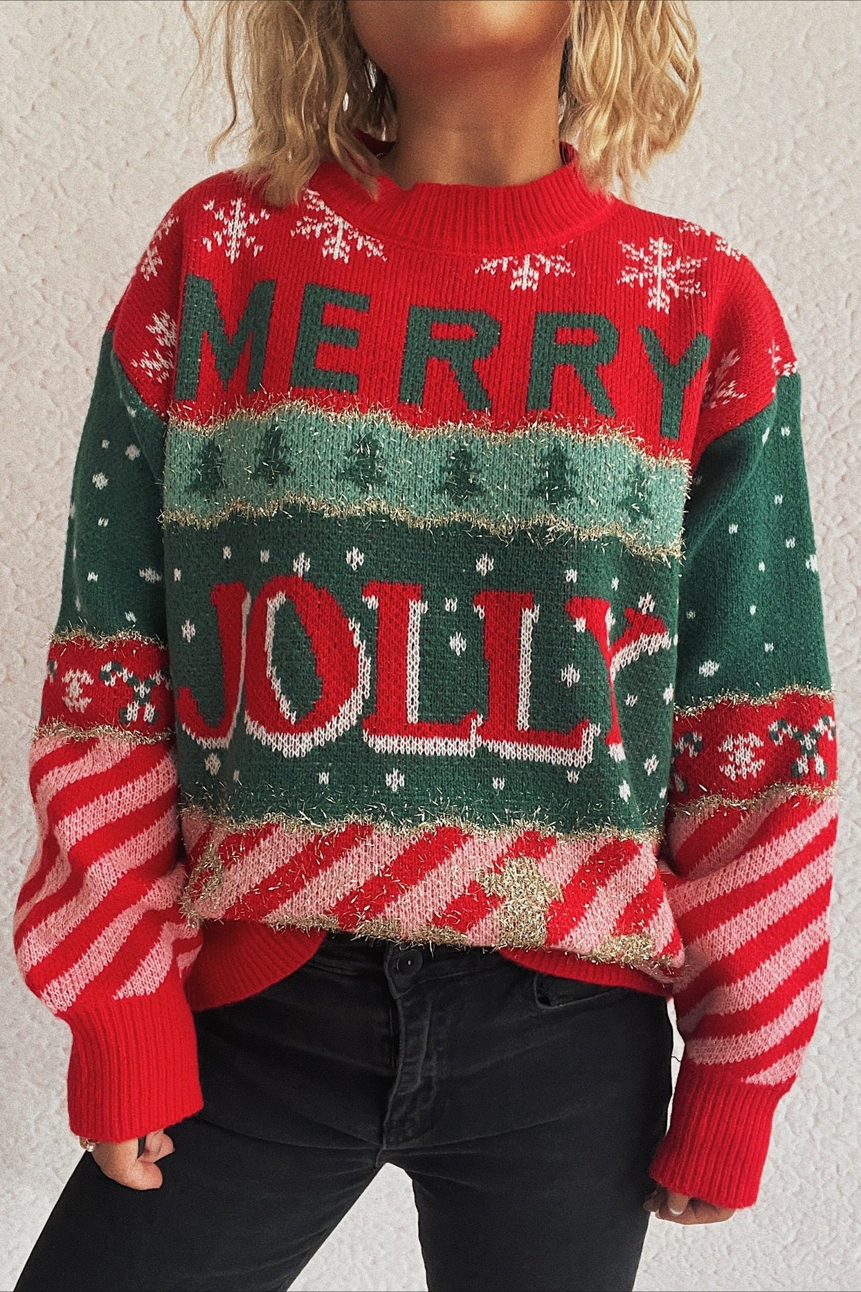 Christmas Cozy Color Block Stripe Polka Dot Sweater