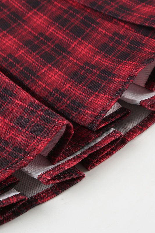 Off-the-shoulder Color Block Plaid Cuffed Pom-pom Mini Dress