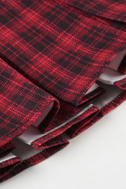 Off-the-shoulder Color Block Plaid Cuffed Pom-pom Mini Dress