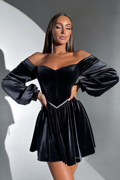 Boned Bustier Slim Waist Sexy Party Velvet Dress