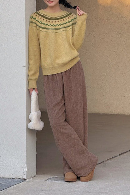 Fair Isle Pattern Loose Crew Neck Color Block Minimalist Sweater