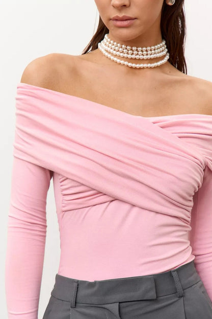 Ruched Cross Slim Bare-Shoulder Long Sleeve Tee