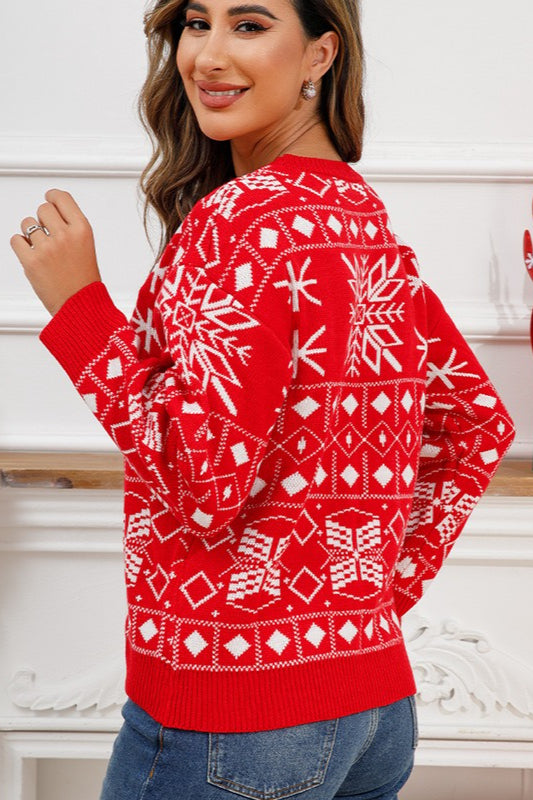 Chic Christmas Color Block Snowflake Print Sweater