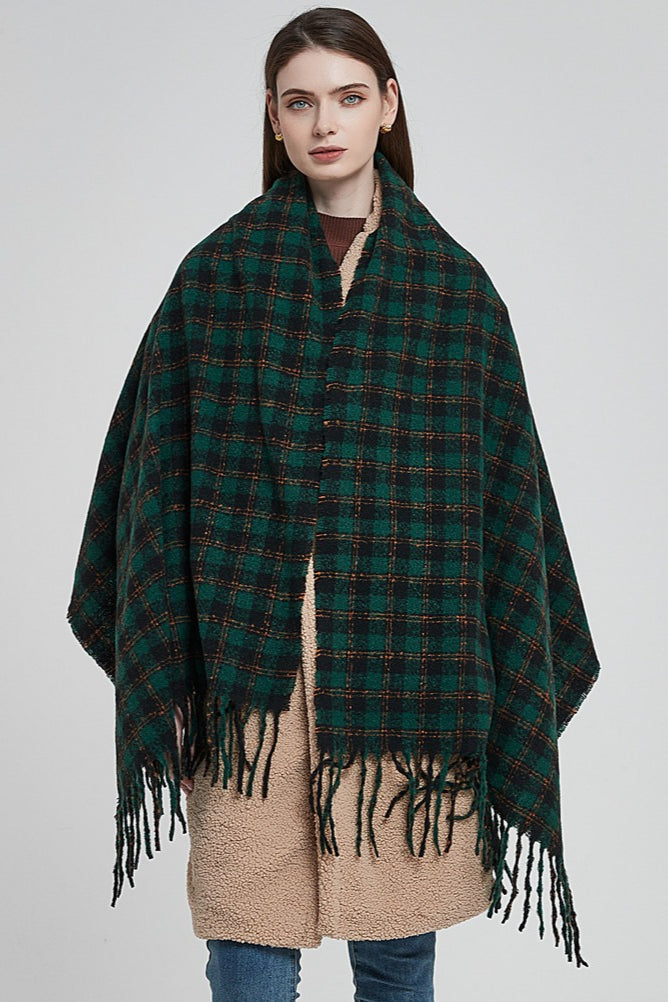 Oversized Fringe Plaid Christmas Scarf