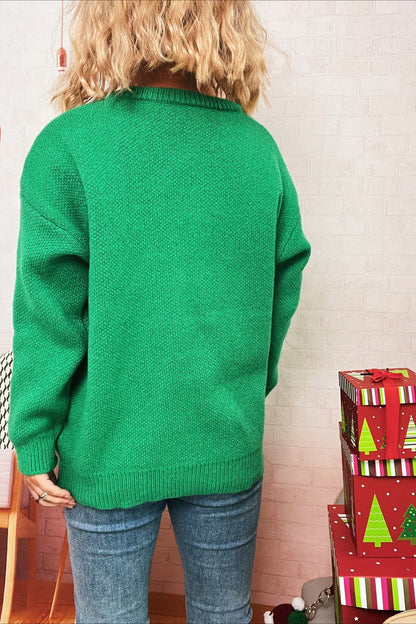 Christmas Cartoon Deer Knit Crew Patchwork Sweater