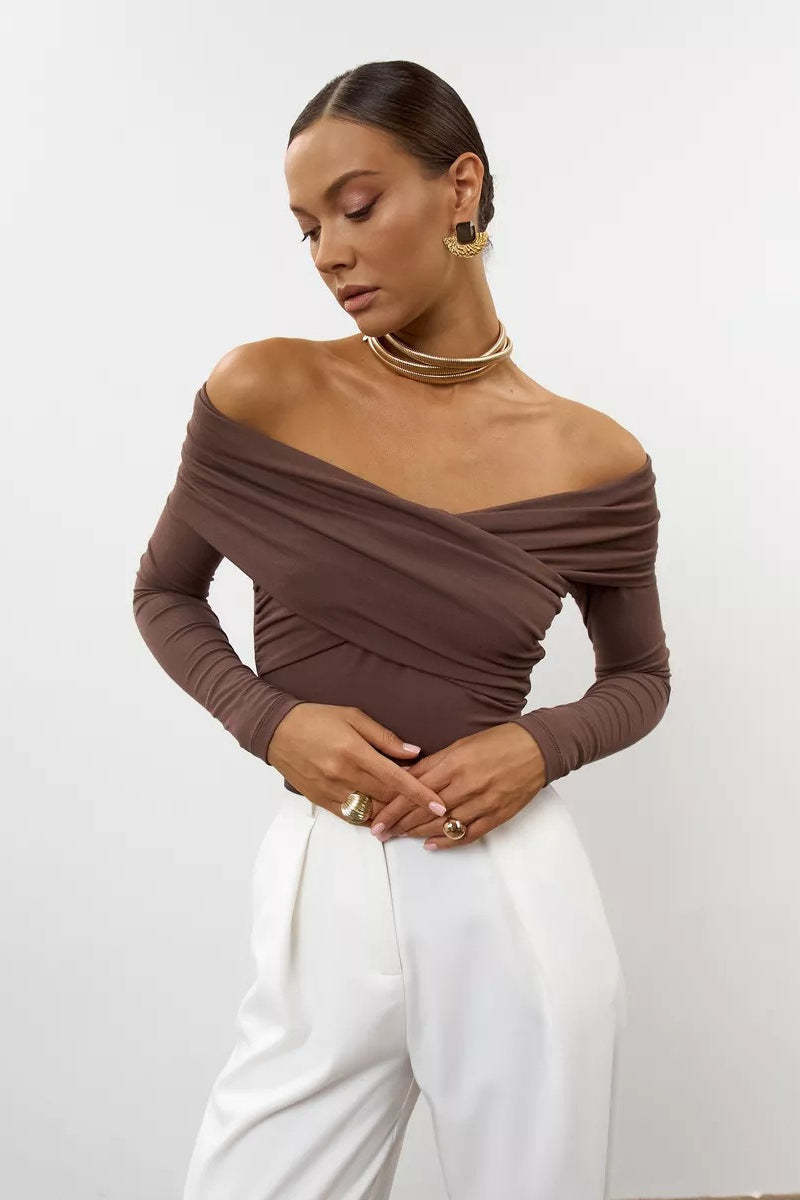 Ruched Cross Slim Bare-Shoulder Long Sleeve Tee