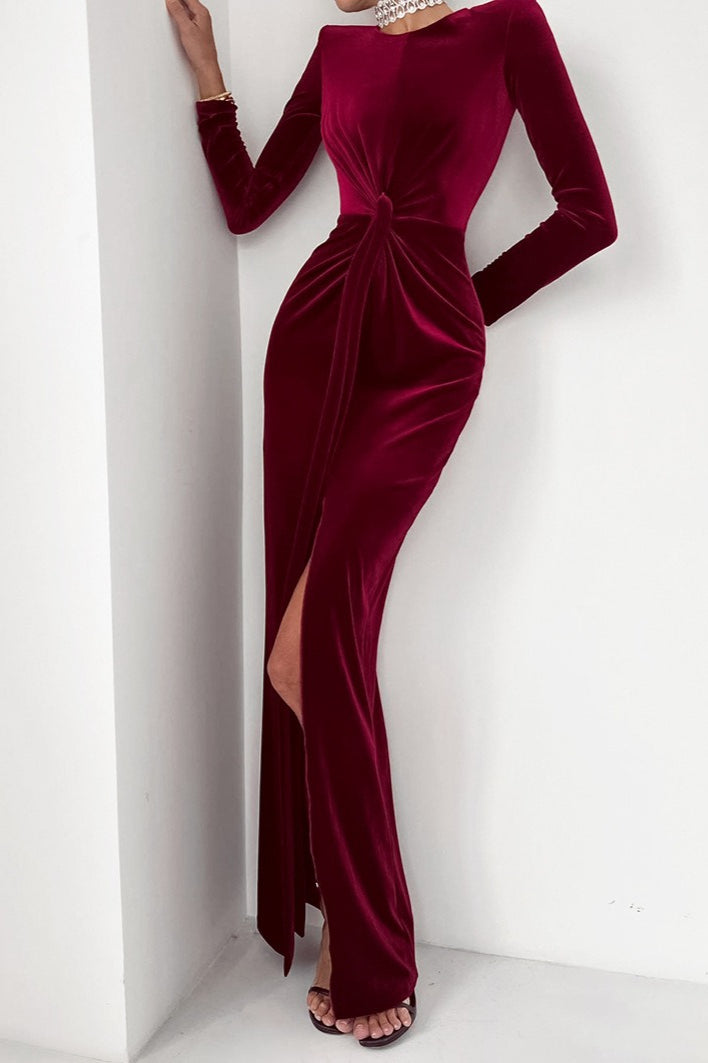 Sultry High Slit Angora Red Velvet Dress