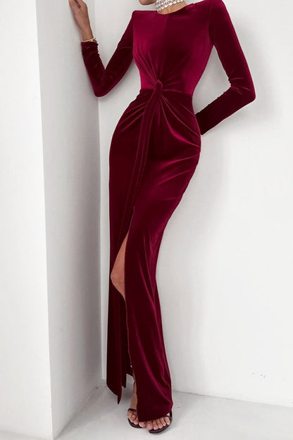 Sultry High Slit Angora Red Velvet Dress