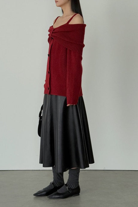 Off-Shoulder Bow Button Long Sleeve Wool Knitted Sweater