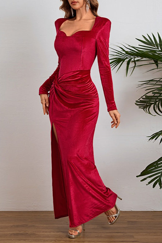 Elegant Long Sleeve Ruched Velvet Slit Fitted Waist Party Dress