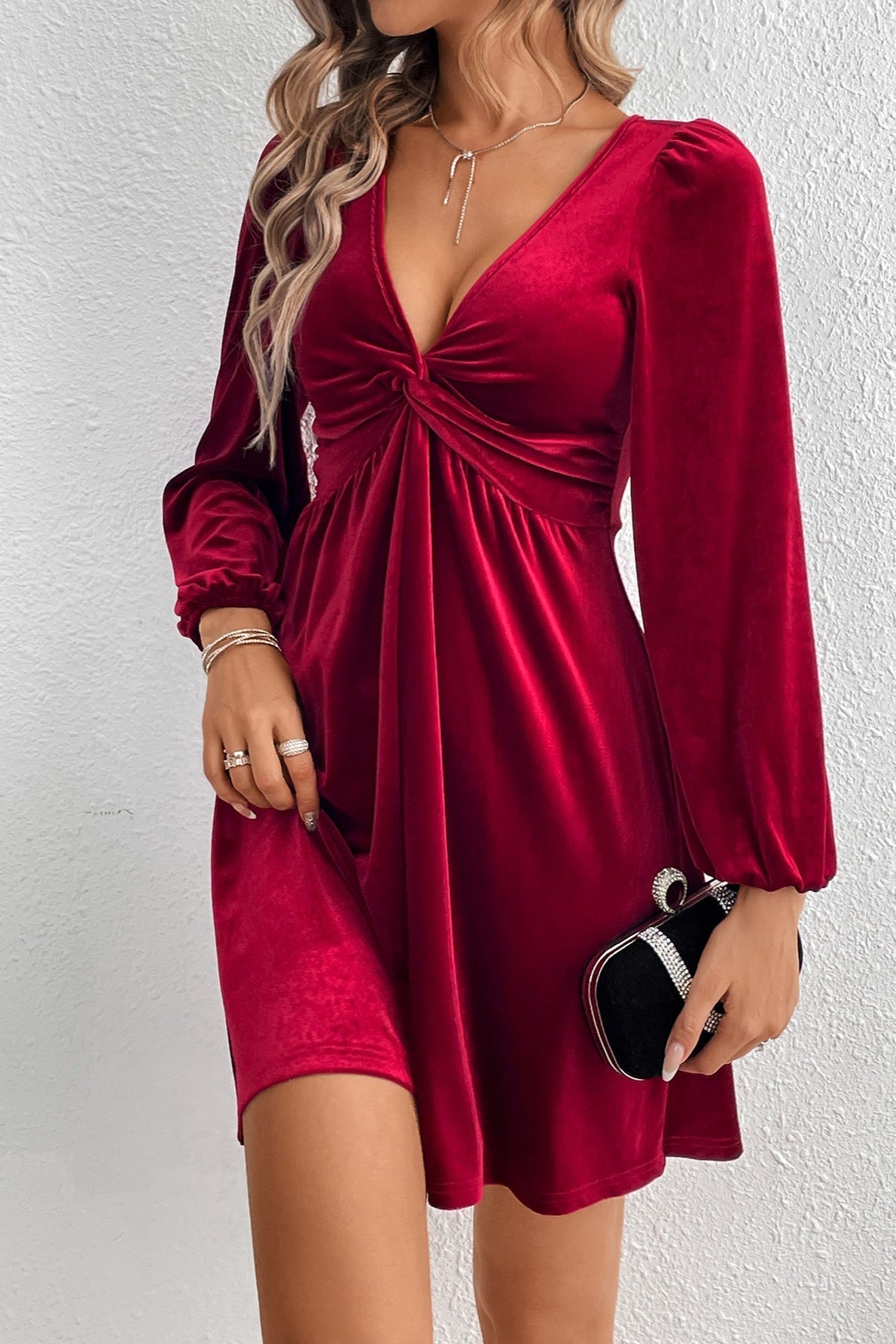 Sexy V Neck Long Sleeve Slim Waist A Line Party Velvet Dress