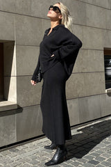 V Neck Sweater Midi Skirt Knit Set