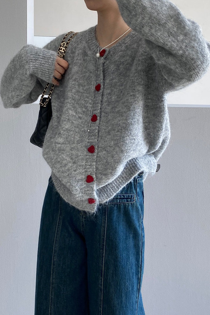 Oversized Heart Button Round Neck Christmas Cardigan