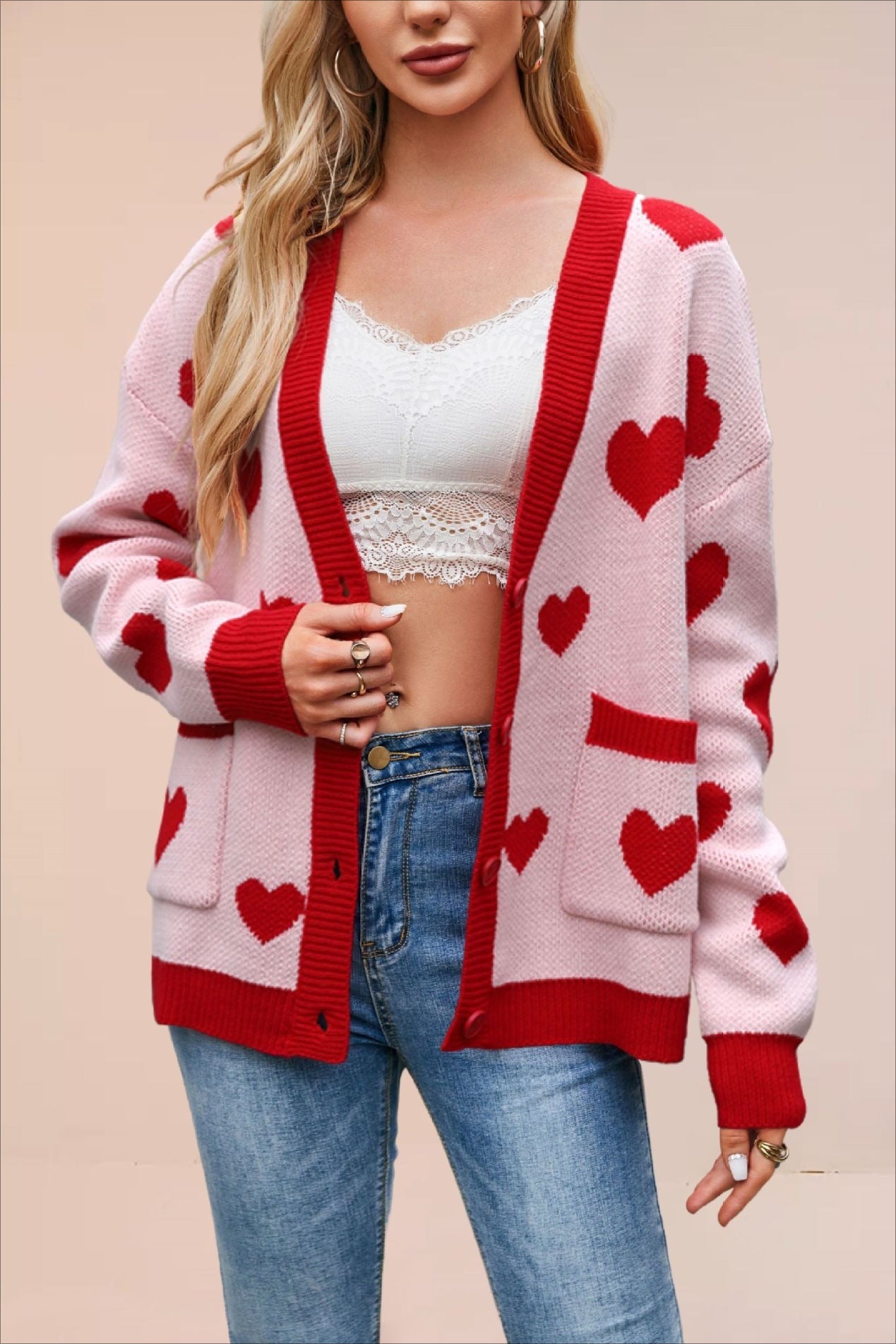 Heart Pocket V Neck Christmas Cardigan