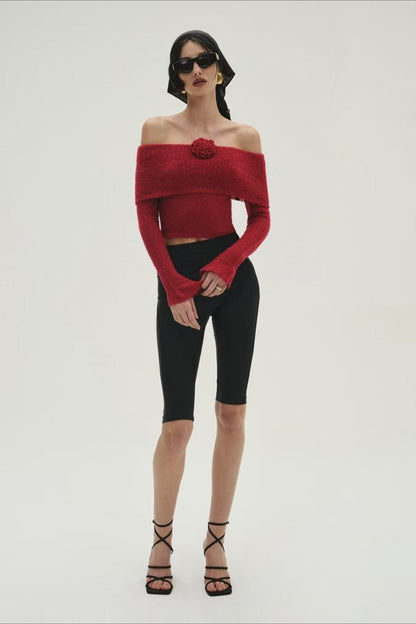 3D Floral Off-Shoulder Fitted Knitted Long Sleeve Tee