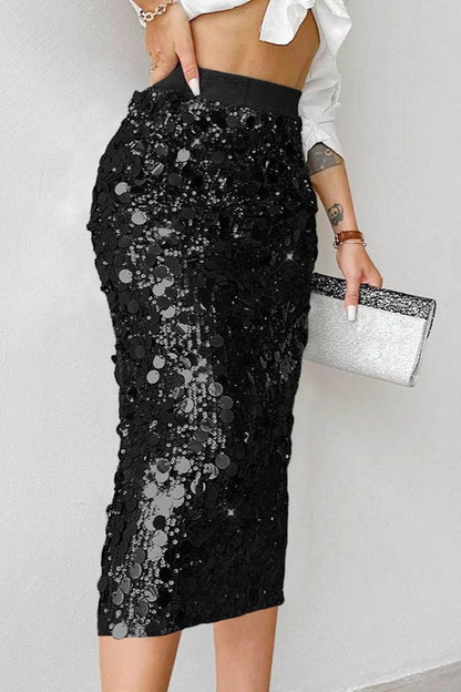 Solid Sequin High Waist Midi Christmas Skirt