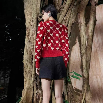 Red Vintage Argyle Jacquard Cardigan Cardigan-241208