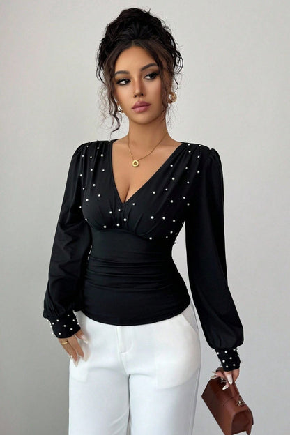 Pearl Accent Solid V-Neck Ruched Waist Sexy Long Sleeve Tee