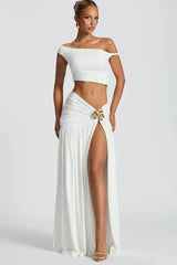Metallic Oblique Shoulder Ruched Set Party Dress