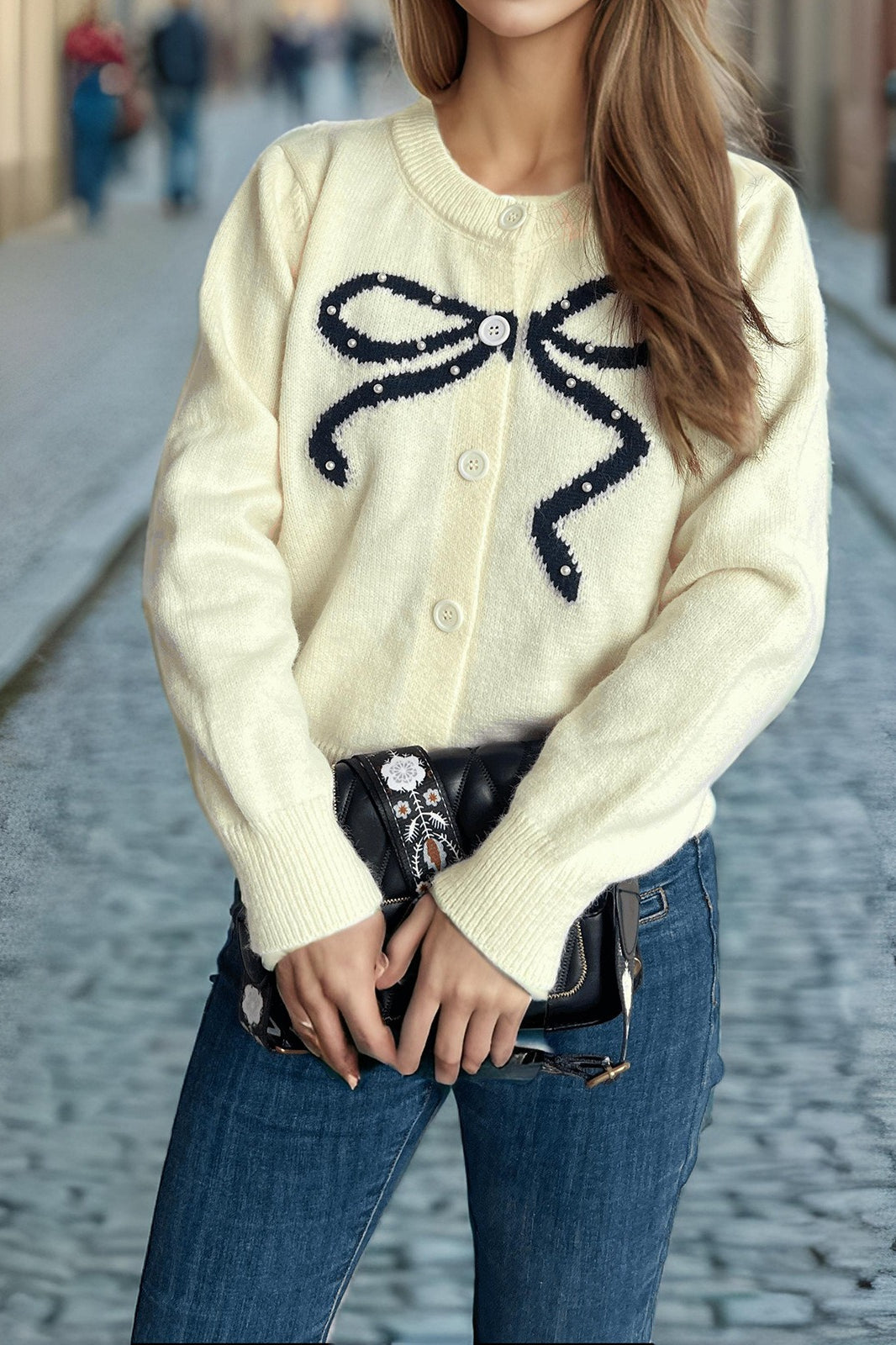 Solid Bow Jacquard Round Christmas Cardigan