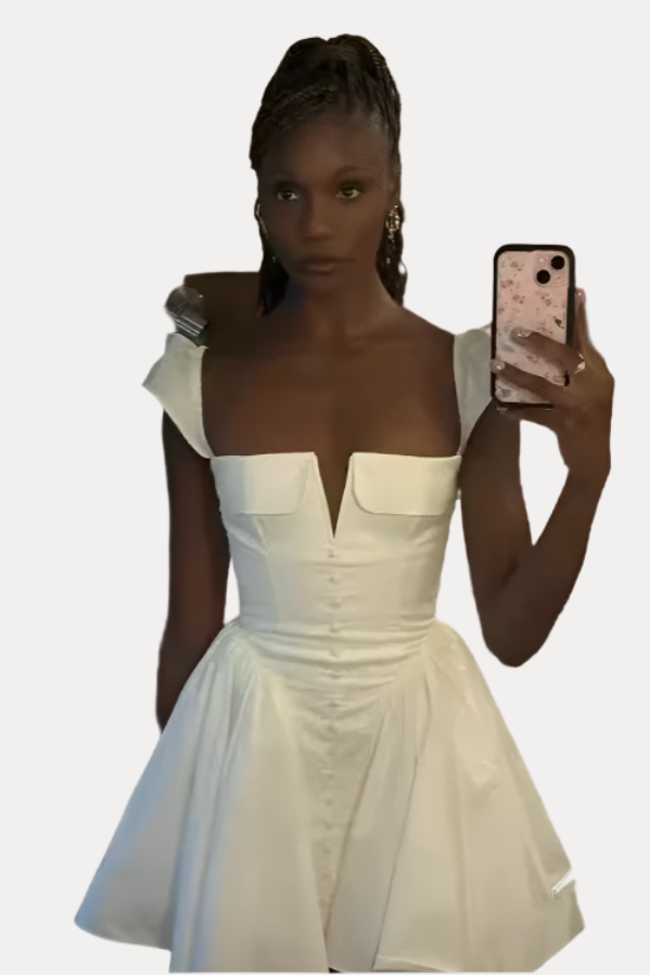 V-neck White Pleated Short Dress