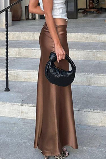 Brown Satin Low-Rise Slit Midi Skirt