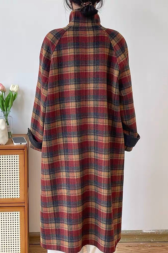 Plaid Wool Blend Stand Collar Mid-Length Christmas Outerwear