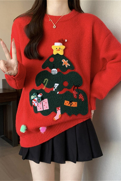Christmas 3D Pom Pom Christmas Tree Print Sweater