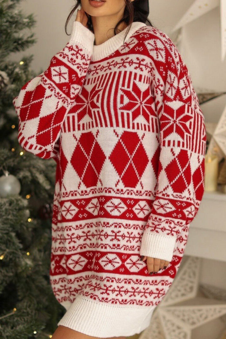 Christmas Snow Maple Ethnic Round Neck Long Sweater Red / S