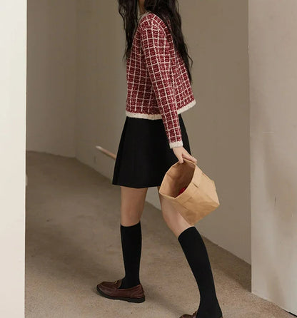 Plaid Tweed Retro Red O-Neck Cardigan Cardigan-241208