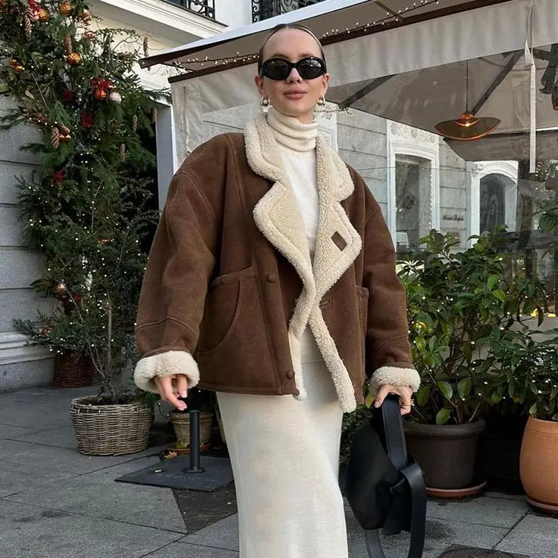 Fashion Lamb Woolen Spliced Warm Coat For Women Vintage Side Buttons Lapel Full Sleeve Jackets Lady Autumn Winter Thick Outwear