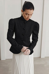 Puff Shoulder Stand Collar Button Front Tailored Coat