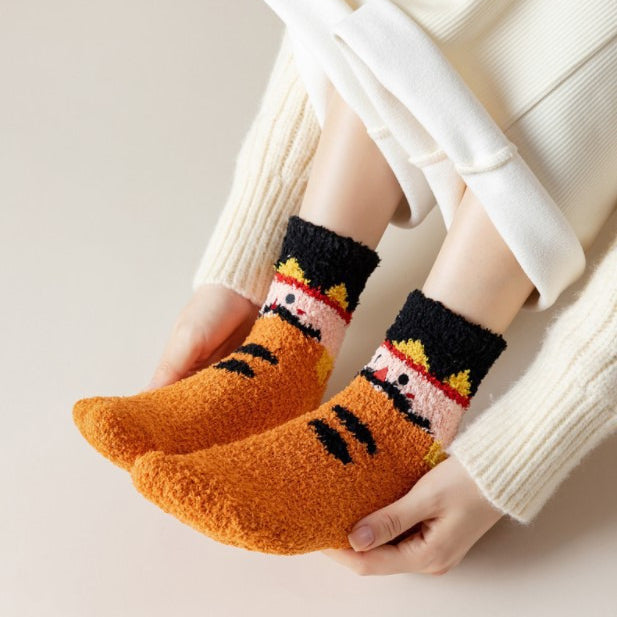 Plush Coral Fleece Cartoon Mid Calf Home Sleep Christmas Socks