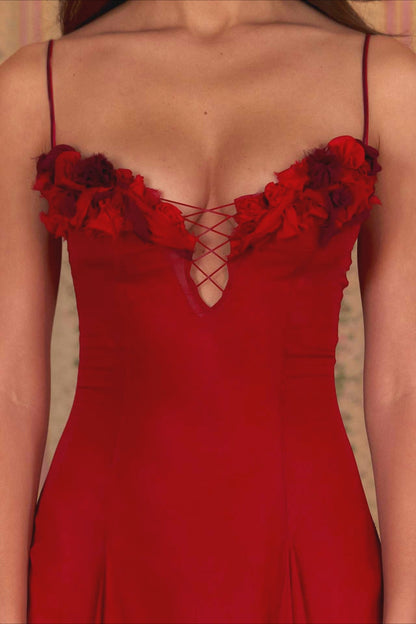 3D Flower Deep V Patchwork Spaghetti Strap Romantic Party Dress