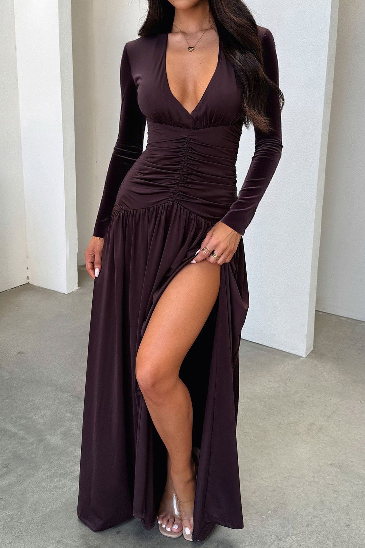 Deep V Ruched Long Sleeve Slit Fitted Waist Maxi Dress