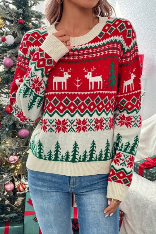 Christmas Style Color Block Crew Neck Cartoon Sweater