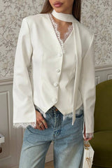 Lace Trim Stand Collar Fitted Blazer