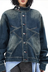 Deconstructed Washed High Collar Denim Jacket