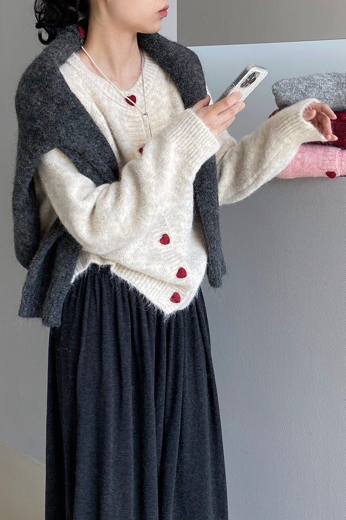 Oversized Heart Button Round Neck Christmas Cardigan