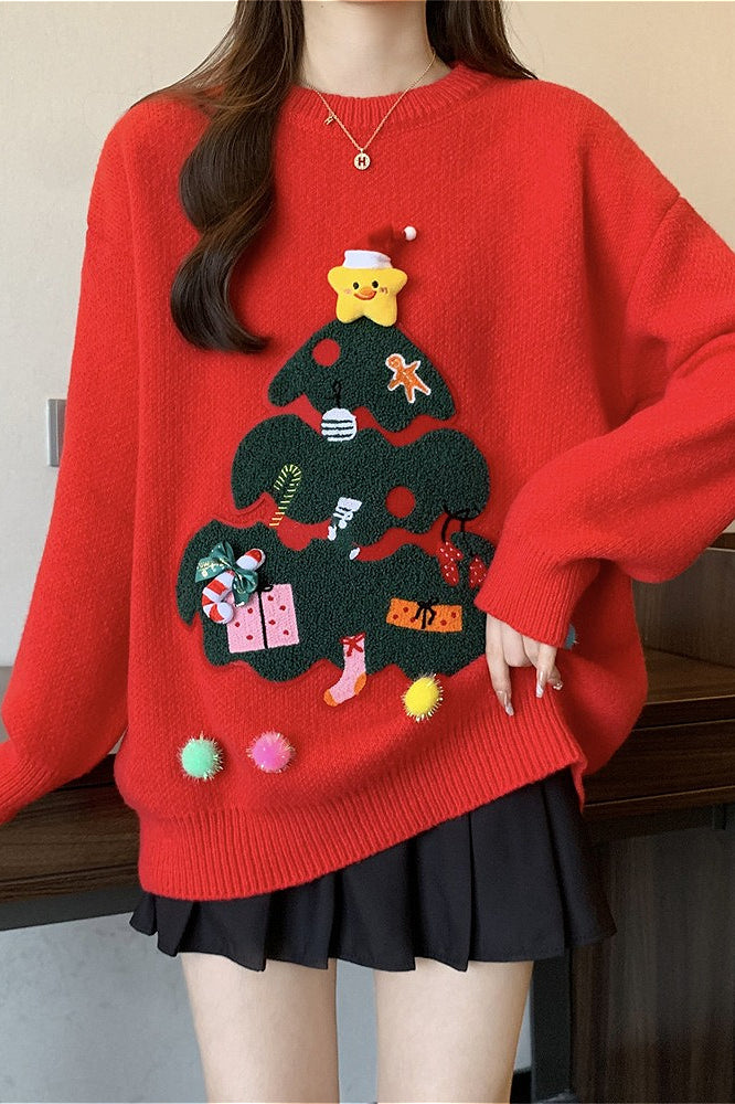 Christmas 3D Pom Pom Christmas Tree Print Sweater