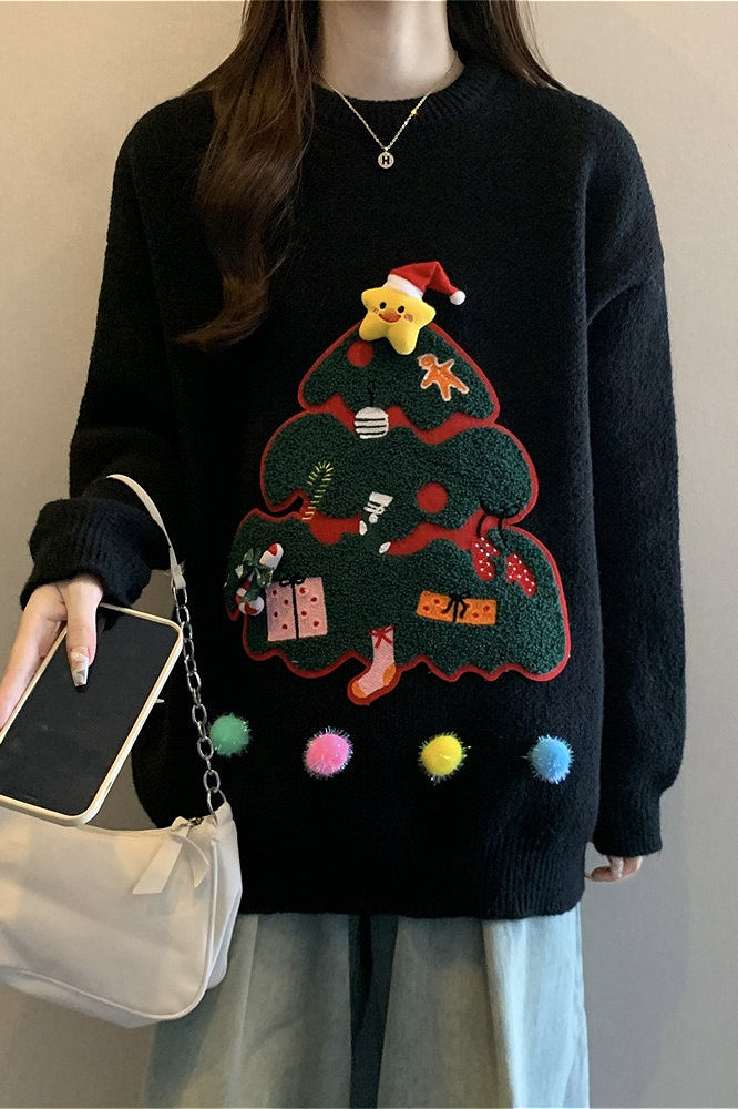 Christmas 3D Pom Pom Christmas Tree Print Sweater
