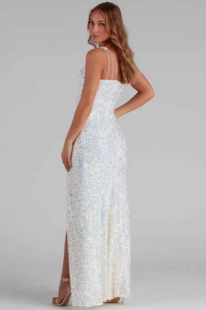 Sexy One-Shoulder Sleeveless Slit Bodycon Party Sequin Dress